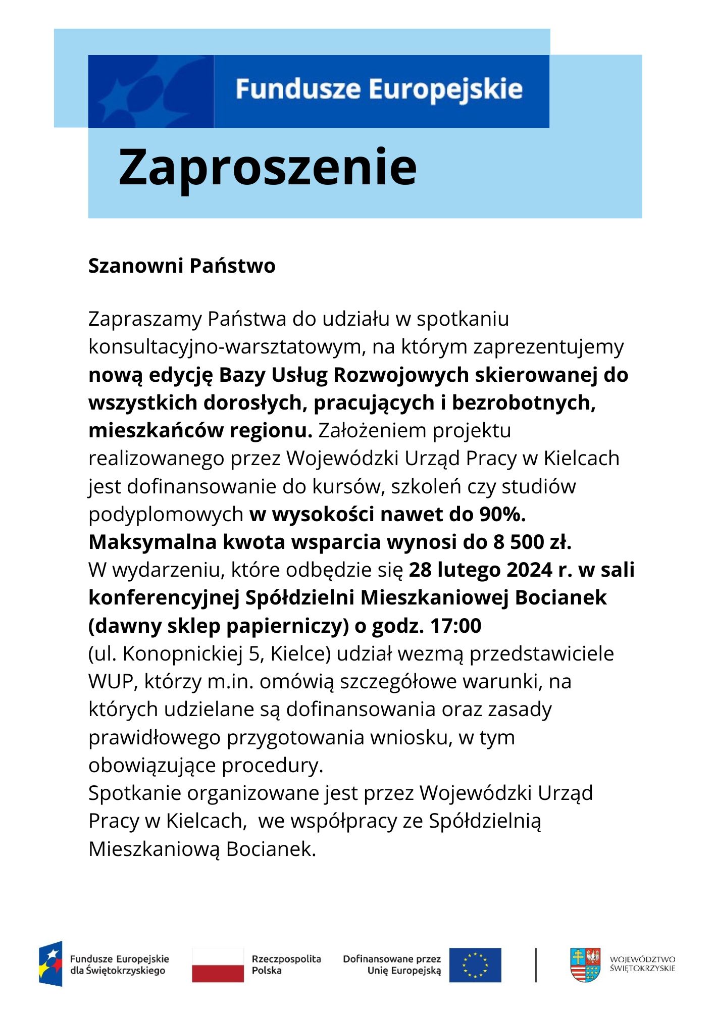 Zaproszenie spotkanie w sali konferencyjnej spółdzielni mieszkaniowej Bocianek