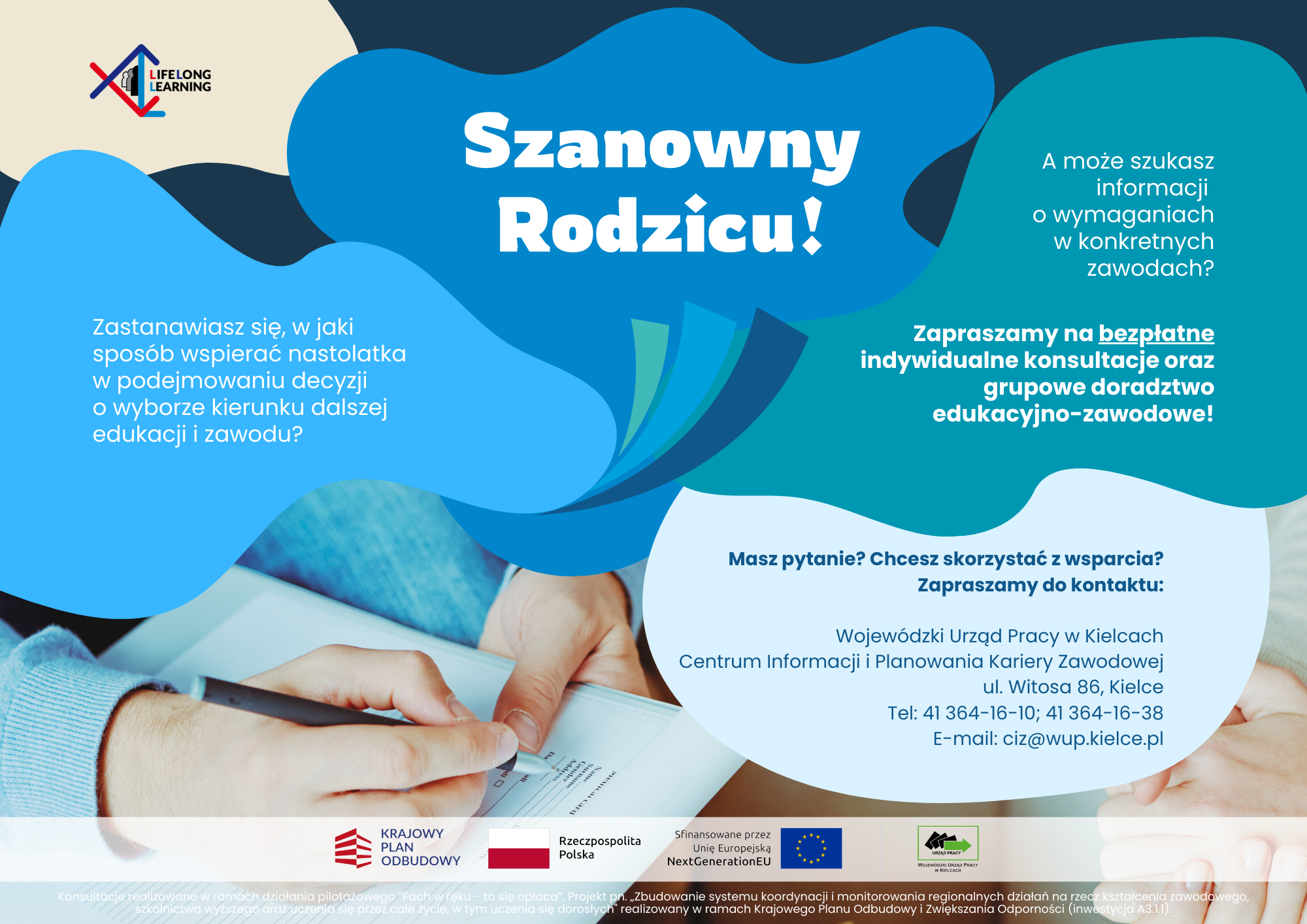 Plakat promujący konsultacje dla rodziców o edukacji zawodowej swoich dzieci.